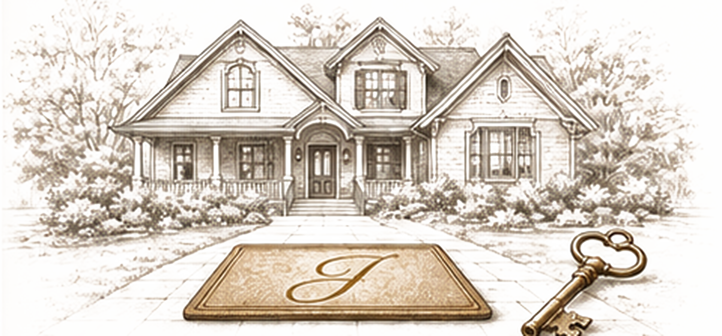 Illustration of the Jacob's Home craftsman house with a monogrammed J welcome rug and a brass key