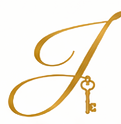 Jacob's Home monogram: a gold script J with a skeleton key